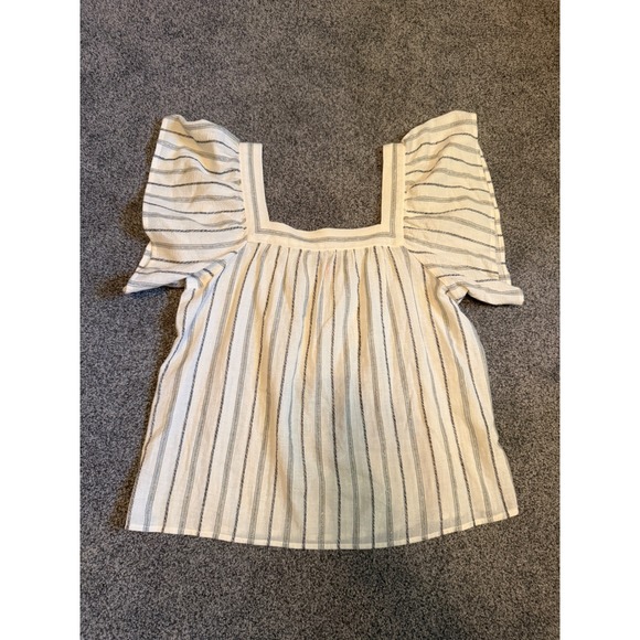 Vince Camuto Womens Flutter Sleeve Square Neck Striped Metallic Blouse White M - Picture 2 of 5